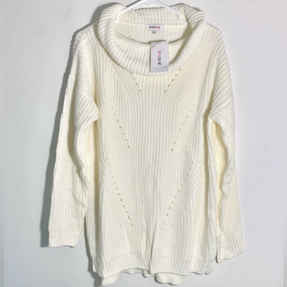 JustFab Chunky Cable Knit White Sweater Cowl Neck Size M